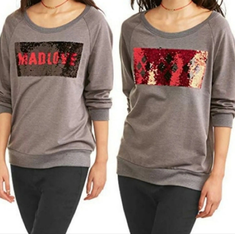 Batman Harley Quinn Gray Women's Sweater Medium Mad Love Sequins Sweatshirt